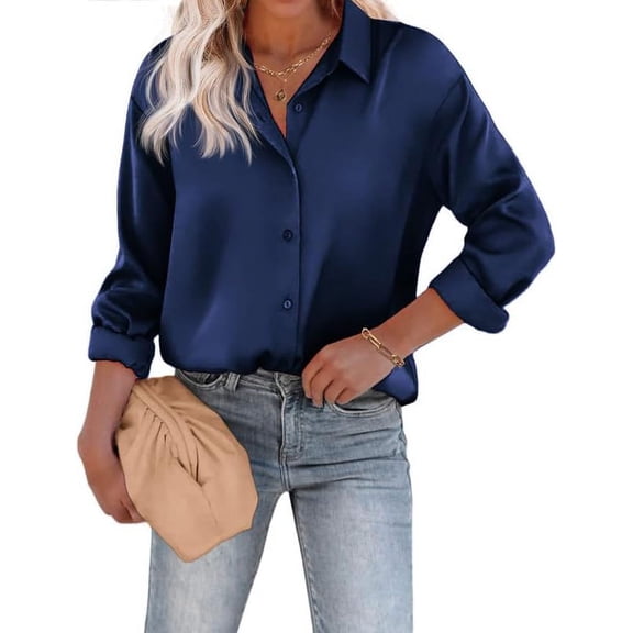 NANAHuang Women's Blouse Satin Silk Shirts Button Down Shirts Casual Loose Long Sleeve Office Work Tunic Tops