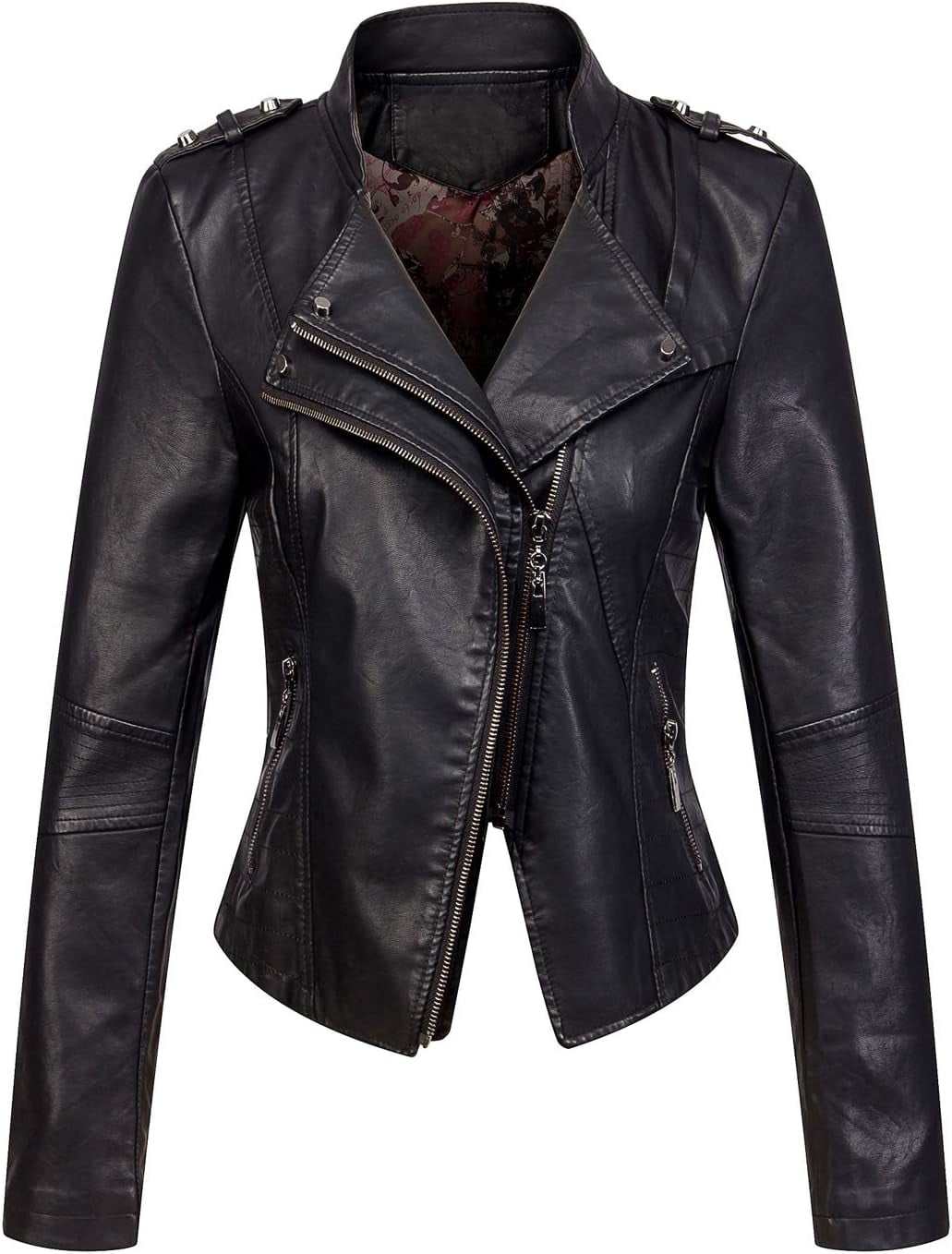 NANAHuang Women's Candy Color Asymmetric Zip Slim Faux Leather Cropped Moto Jacket