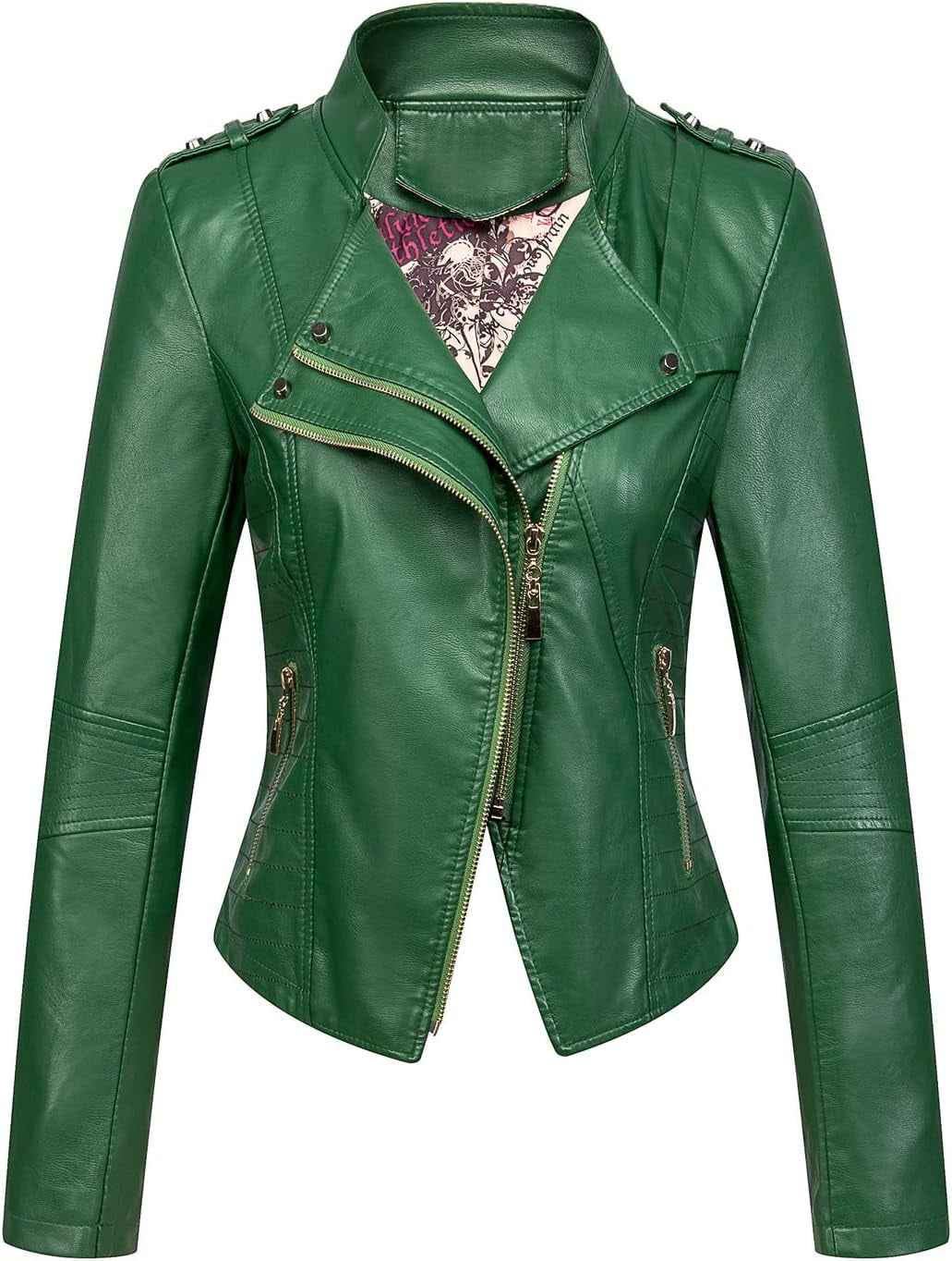 NANAHuang Women's Candy Color Asymmetric Zip Slim Faux Leather Cropped Moto Jacket