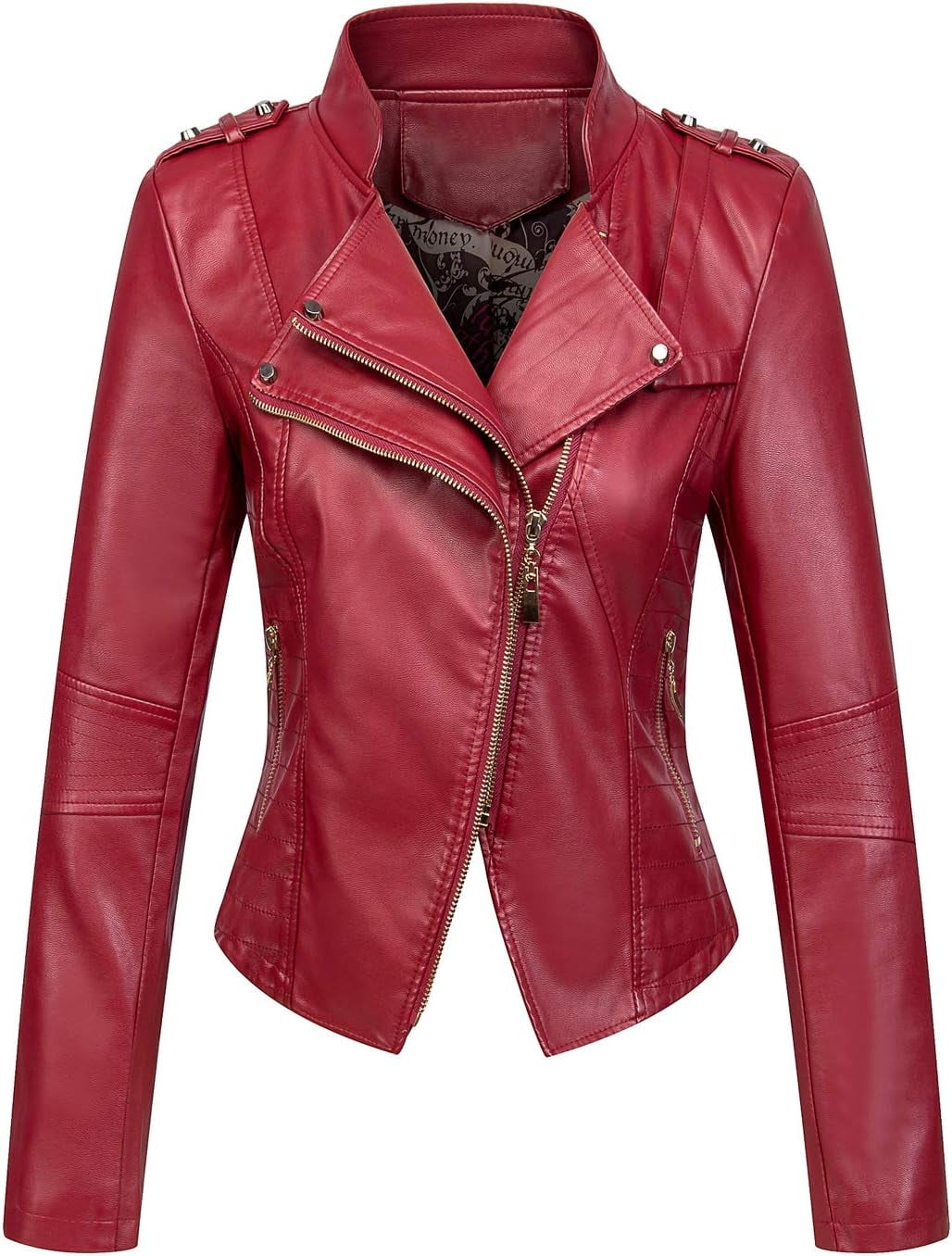 NANAHuang Women's Candy Color Asymmetric Zip Slim Faux Leather Cropped Moto Jacket