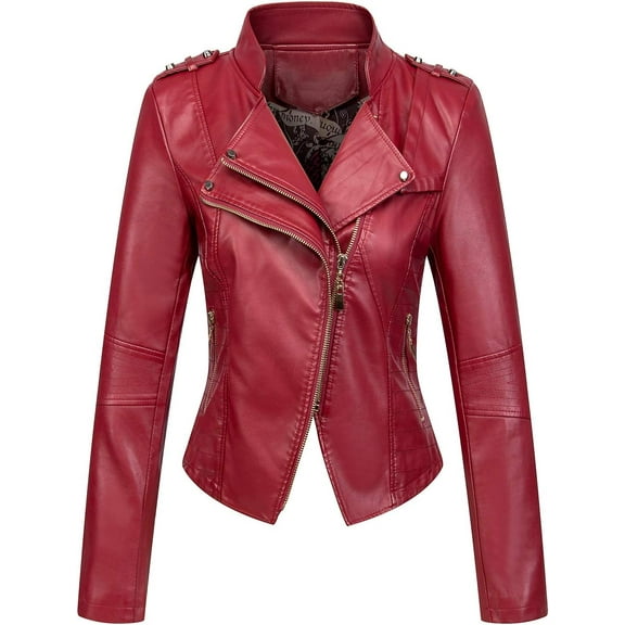 NANAHuang Women's Candy Color Asymmetric Zip Slim Faux Leather Cropped Moto Jacket