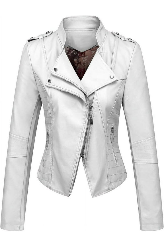 Women's Candy Color Asymmetric Zip Slim Faux Leather Cropped Moto Jacket