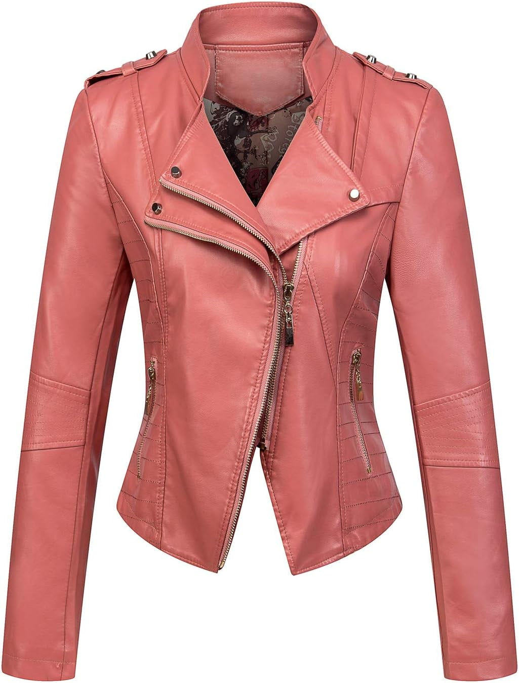 NANAHuang Women's Candy Color Asymmetric Zip Slim Faux Leather Cropped Moto Jacket