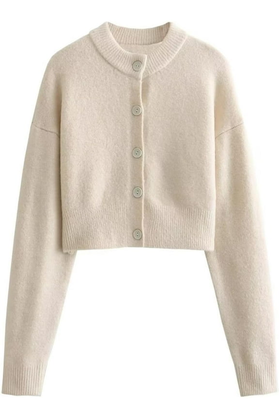 Women’s Cropped Cardigan Sweater Crewneck Solid Color Long Sleeve Button Down Knitted Outerwear Top