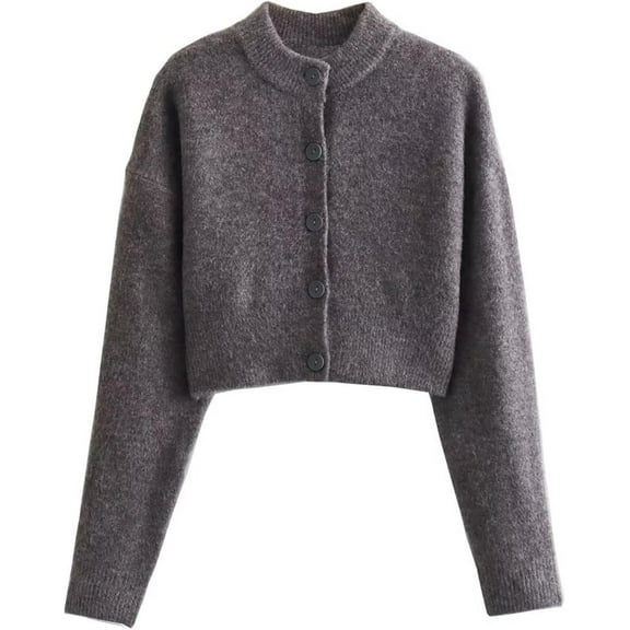 NANAHuang Women’s Cropped Cardigan Sweater Crewneck Solid Color Long Sleeve Button Down Knitted Outerwear Top