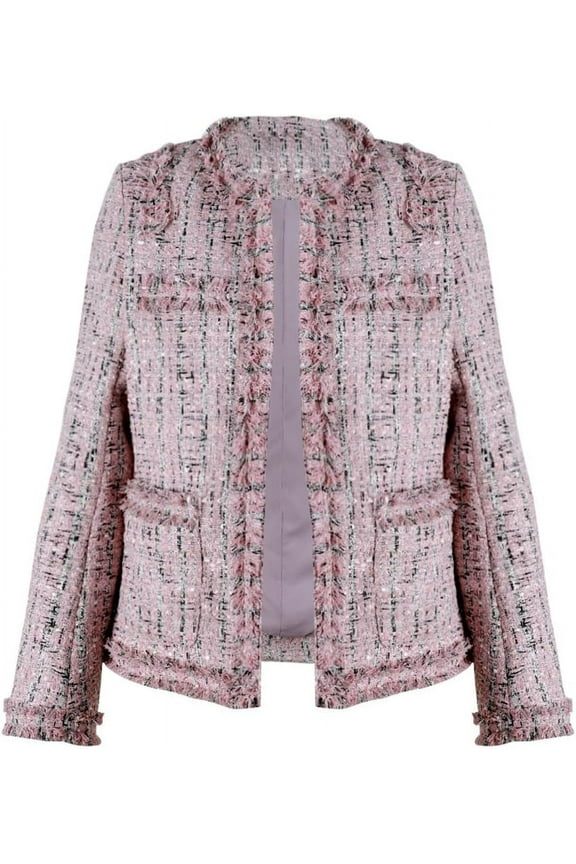 Women's Fall Business Casual Tweed Blazer Jacket Collarless Open Front Dressy Tweed Jacket