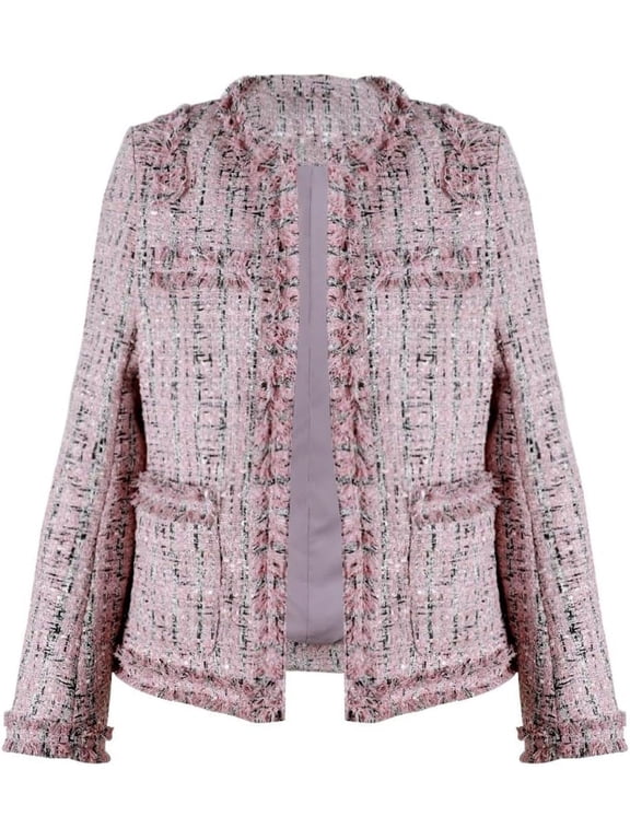 Women's Fall Business Casual Tweed Blazer Jacket Collarless Open Front Dressy Tweed Jacket