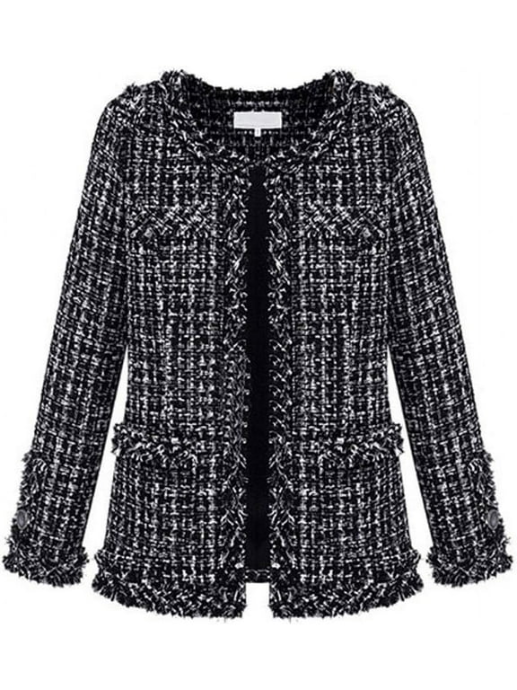 Women's Fall Business Casual Tweed Blazer Jacket Collarless Open Front Dressy Tweed Jacket