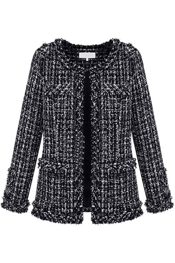 Women's Fall Business Casual Tweed Blazer Jacket Collarless Open Front Dressy Tweed Jacket