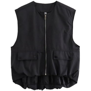 NANAHuang Women's Oversized Cargo Vest Casual Full Zip Up Ruched Hem Sleeveless Blazer Jackets Tops with Pockets