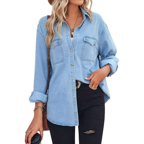 NANAHuang Women's Spring Long Sleeve Denim Jean Shirts Button Down Shirt Business Casual Tops