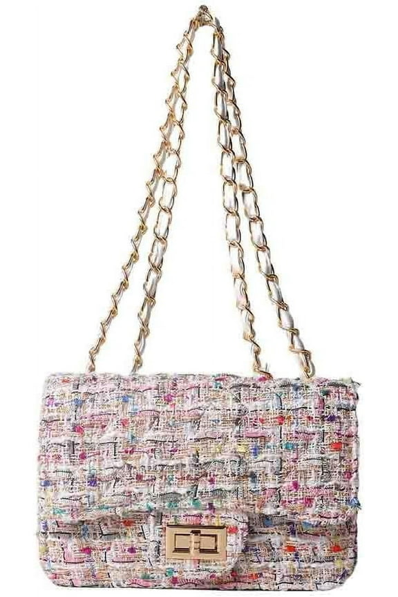 Women's Tweed Plaid Square Bag, Large Capacity Quilted Woven Embroidered Shoulder Bag, Ladies Woolen Handbag Clutch Tote