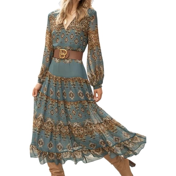 NANAHuang Women's V Neck Ethnic Style Empire Waist Slim Chiffon Dress Fall Long Sleeve A-Line Swing Dresses for Women