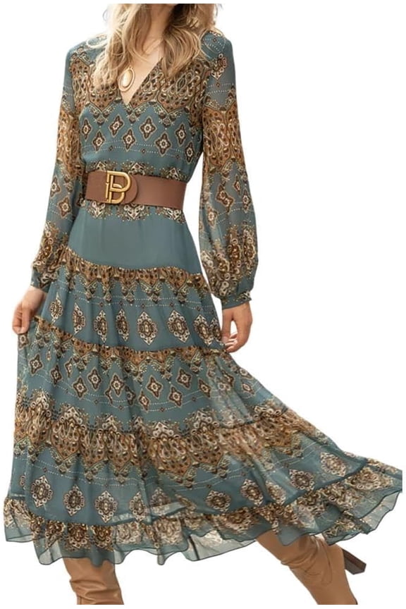 Women's V Neck Ethnic Style Empire Waist Slim Chiffon Dress Fall Long Sleeve A-Line Swing Dresses for Women