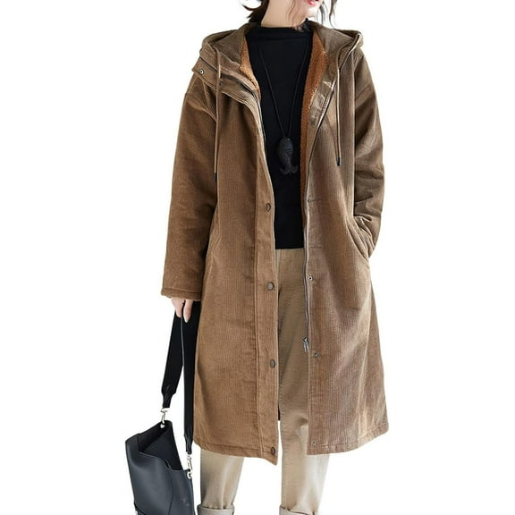 NANAHuang Women's Winter Coats Sherpa Lined Hooded Midi Long Corduroy Jacket Overcoat
