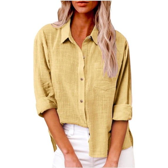 NANAHuang Womens Button Down Cotton Linen Shirts V Neck Roll Up Long Sleeve Blouses Loose Collared Shirt Casual Work Tops