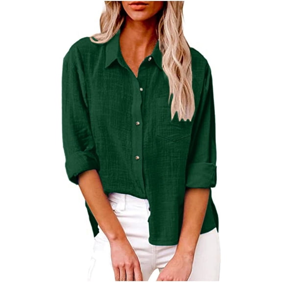 NANAHuang Womens Button Down Cotton Linen Shirts V Neck Roll Up Long Sleeve Blouses Loose Collared Shirt Casual Work Tops