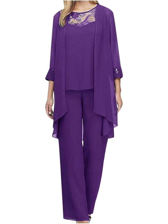 Womens Chiffon 3 Piece Outfits Lace Splicing Trendy Elegant Mother of The Bride Pant Suits Flowy Formal