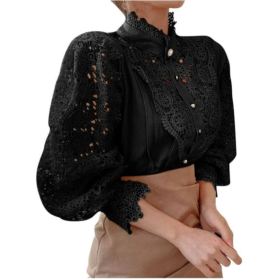 NANAHuang Womens Elegant Lace Turtleneck Tops Casual Victorian Blouse Renaissance Steampunk Shirts Puff Sleeve Button Down Tops