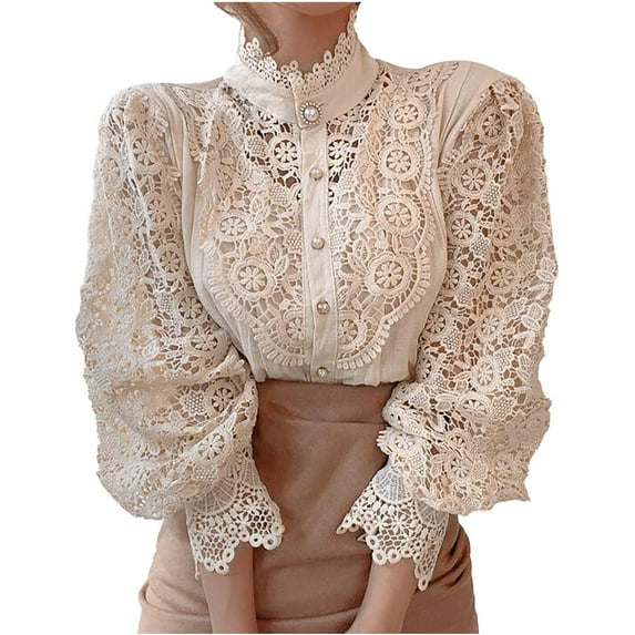 NANAHuang Womens Elegant Lace Turtleneck Tops Casual Victorian Blouse Renaissance Steampunk Shirts Puff Sleeve Button Down Tops