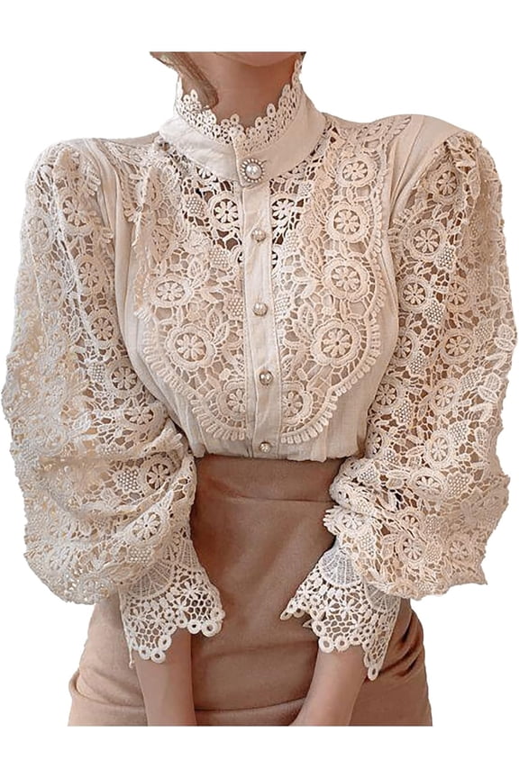 Womens Elegant Lace Turtleneck Tops Casual Victorian Blouse Renaissance Steampunk Shirts Puff Sleeve Button Down Tops