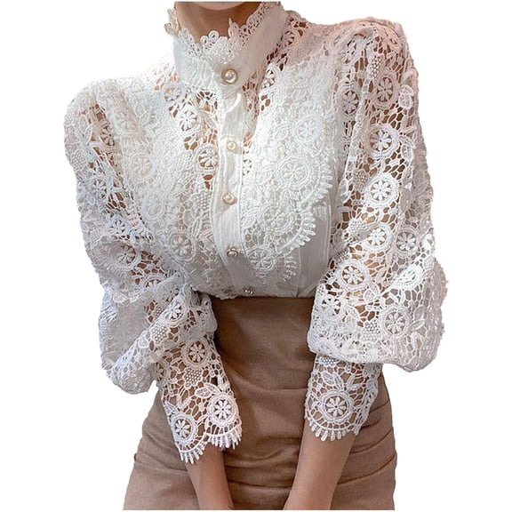 NANAHuang Womens Elegant Lace Turtleneck Tops Casual Victorian Blouse Renaissance Steampunk Shirts Puff Sleeve Button Down Tops