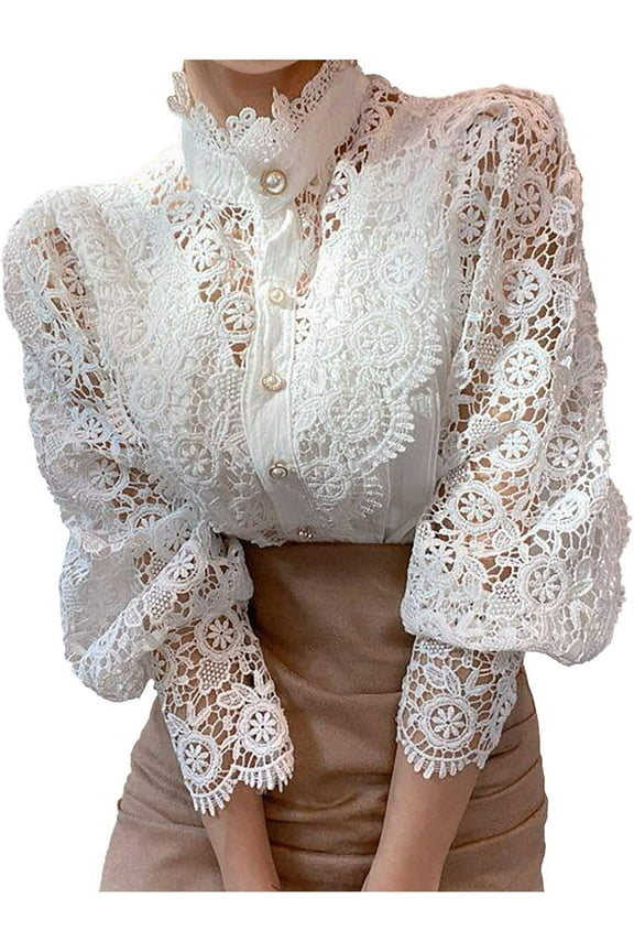 Womens Elegant Lace Turtleneck Tops Casual Victorian Blouse Renaissance Steampunk Shirts Puff Sleeve Button Down Tops