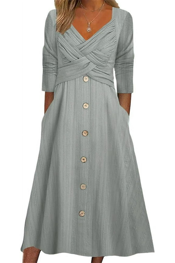 Womens Fall Dresses for Wedding Guest, Casual Plus Size Cross Button Long Sleeve Tiered Maxi Dress with Pockets