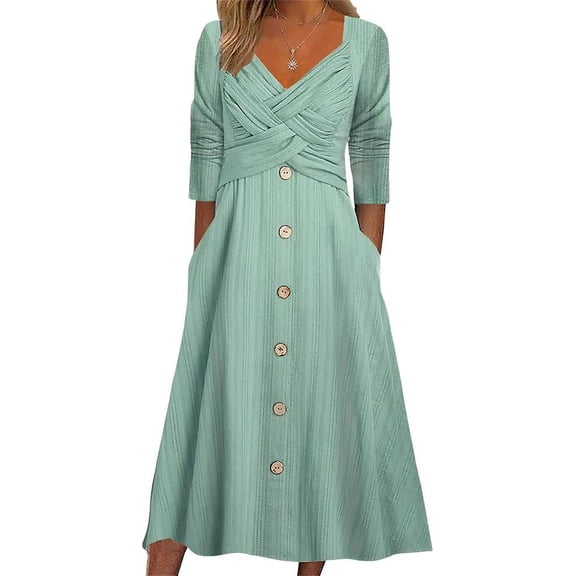 NANAHuang Womens Fall Dresses for Wedding Guest, Casual Plus Size Cross Button Long Sleeve Tiered Maxi Dress with Pockets