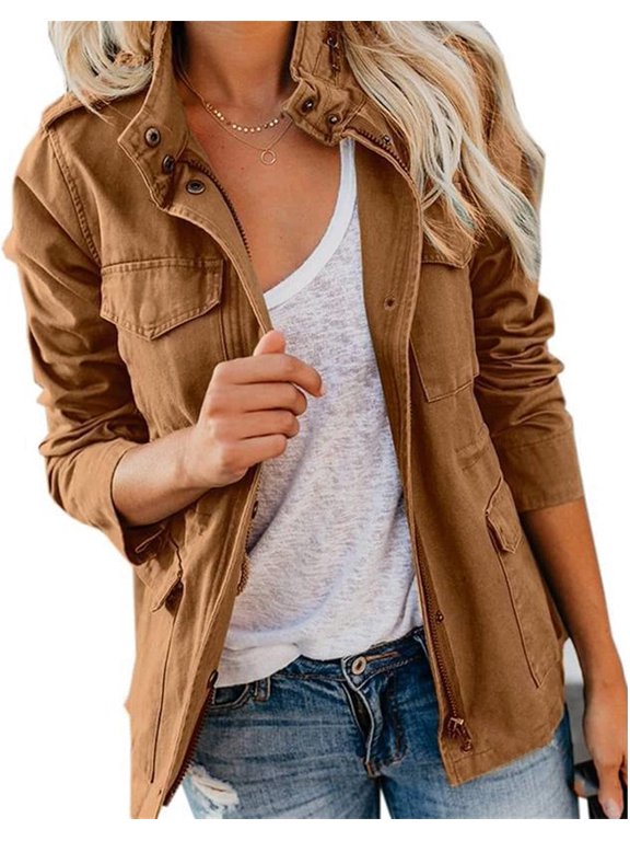 Womens Multi-Pocket Military Jacket Utility Zip Up Long Sleeve Anorak Field Coat Slim Spring Fall Shacket Outwear