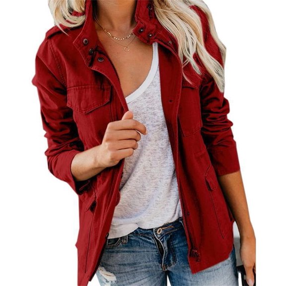NANAHuang Womens Multi-Pocket Military Jacket Utility Zip Up Long Sleeve Anorak Field Coat Slim Spring Fall Shacket Outwear
