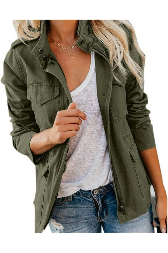 Womens Multi-Pocket Military Jacket Utility Zip Up Long Sleeve Anorak Field Coat Slim Spring Fall Shacket Outwear