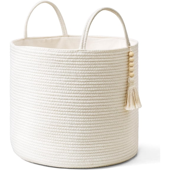 NANAHuang Woven Storage Basket Decorative Natural Rope Basket Wooden Bead Decoration for Blankets,Toys,Clothes,Shoes,Plant Organizer Bin with Handles Living Room Home Decor, Jute, 16" W × 13.8"L