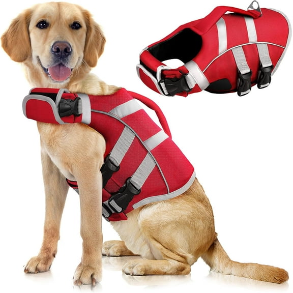 NANAHuangEnsure Your Dog's Water Adventures are Safe and Stylish: Premium Waterproof Dog Life Jacket with Reflective Stripes, Extra Sticky Band, D Ring, and Handle for Ultimate Peace of Mind Red XXL