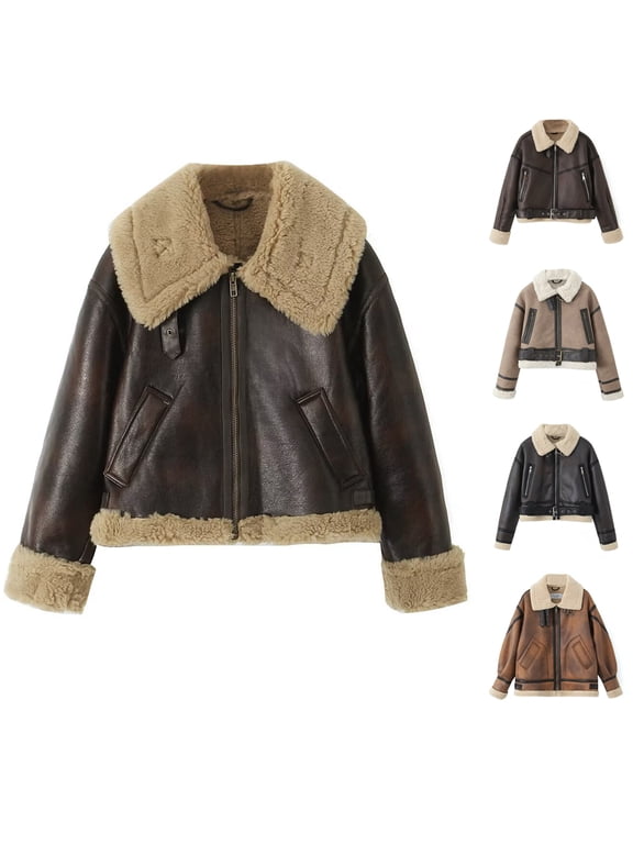 Leather Jackets For Women Women's Bomber Jacket Womens Fall Clothes Zip Up Faux Leather Coat Fur-Collar Warm for Winter Christmas, Camel, L