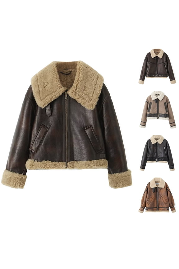 Leather Jackets For Women Women's Bomber Jacket Womens Fall Clothes Zip Up Faux Leather Coat Fur-Collar Warm for Winter Christmas, Camel, L