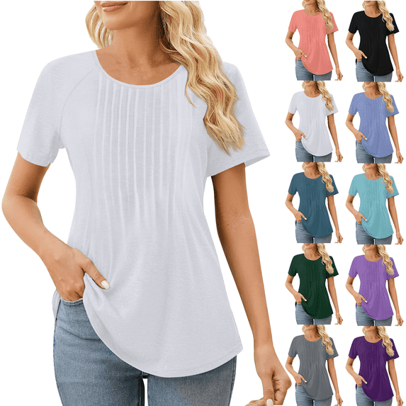 NANAIQ Short Sleeve Women's Tops Pleated Casual Crew Neck T Shirts for Women Soft Fashion Skin-Friendly Womens T Shirts Summer Tops Dark Green XL
