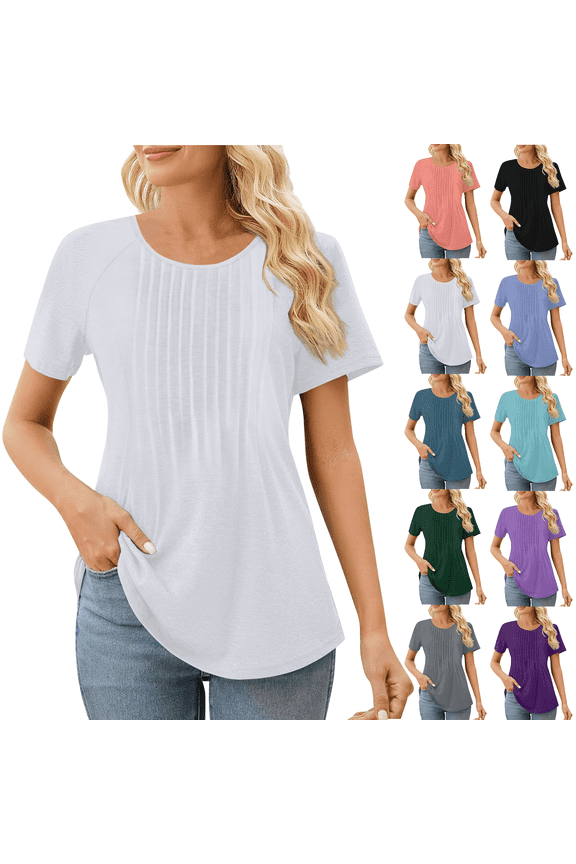 Short Sleeve Women's Tops Pleated Casual Crew Neck T Shirts for Women Soft Fashion Skin-Friendly Womens T Shirts Summer Tops Dark Green XXL