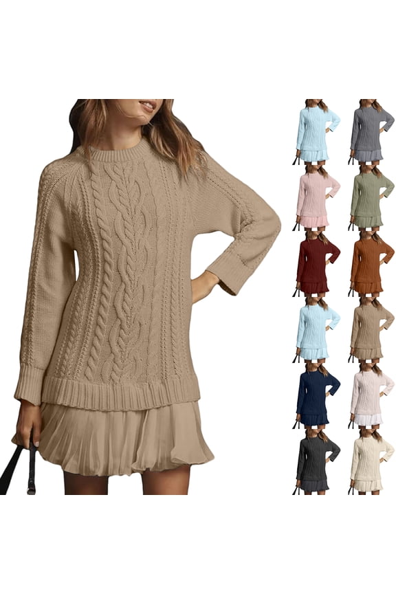 Sweater Dress for Women Fall Cute Pleated Cable Knit Mini Dress Twofer Style Crewneck Long Sleeve Short Dresses Navy L