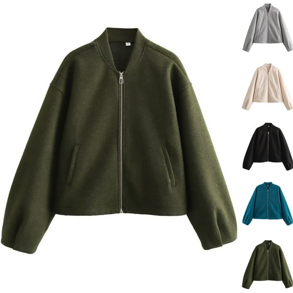 NANAIQ Winter New Women's Short Woolen Jacket Padded Thick Warm Long Sleeve Standing Collar Thicken Warm Zipper Women’s Puffer Jacket Coat, Navy, M