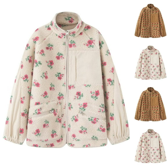 NANAIQ Women's Berber Fleece Jacket Thicken Coat Floral Casual Warm Vintage Elegant Outerwear with Pockets Jackets Fall Winter Outwear, Brown, L