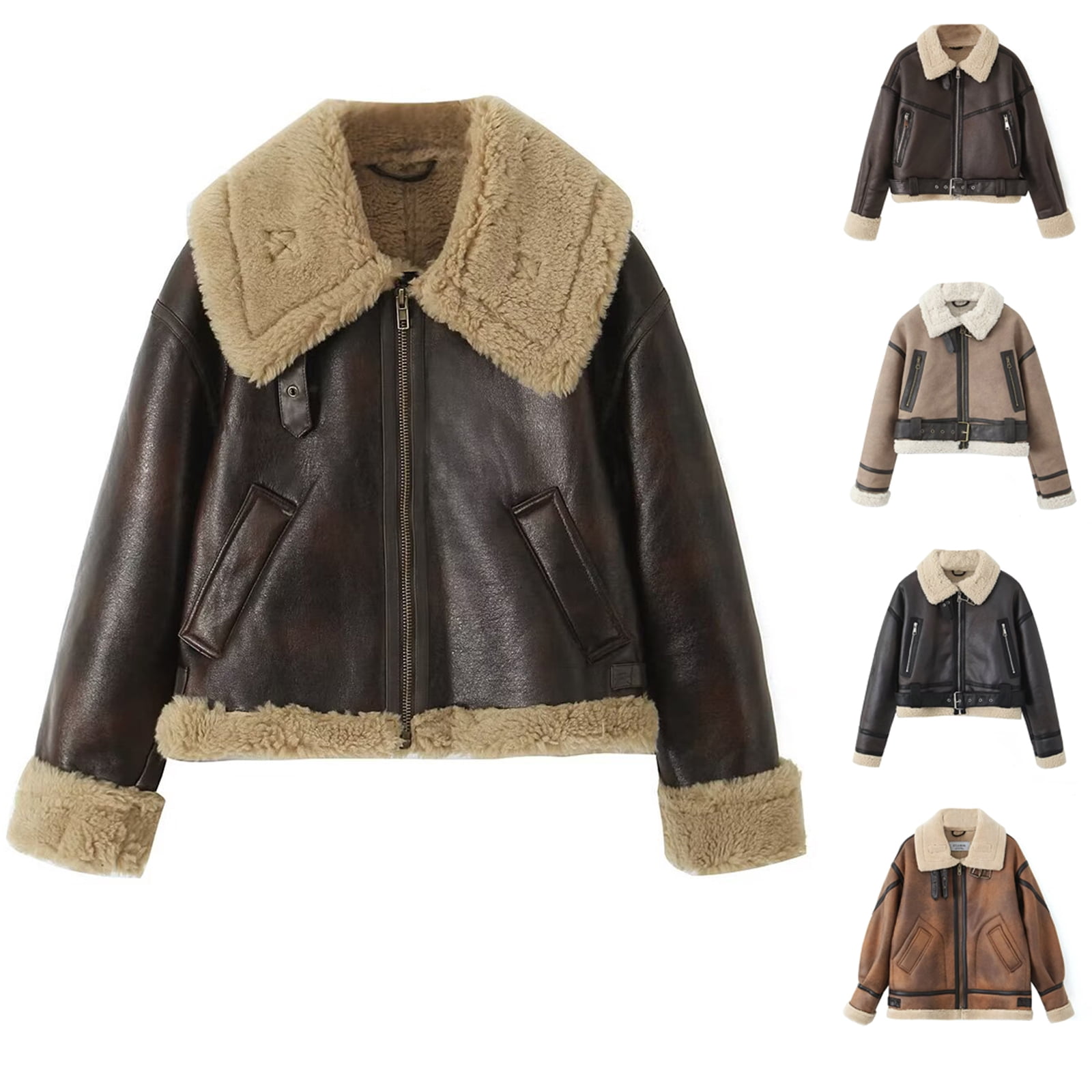 NANAIQ Women's Faux Leather Jacket with Velvet Padded Coat Solid Casual Warm Fleece Lined Motorcycle Jackets Fall Winter Outwear, Coffee, S