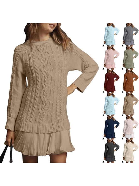 Women's Warm Twist-Knit Sweater Dress with an Elegant Chiffon Pleated Hem Perfect for Fall and Winter Sky Blue M