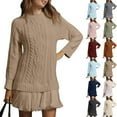 thumbnail image 1 of NANAIQ Womens Cable Knit Sweater Dress Crewneck Long Sleeve Patchwork Pleated Mini Dress Drop Waist Twofer Tunic Beige L, 1 of 7
