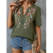 NANAKI Floral Embroidery Notched Neck Tee