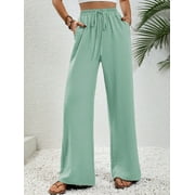 NANAKI Solid Color Elastic Waist Belted Straight Pants