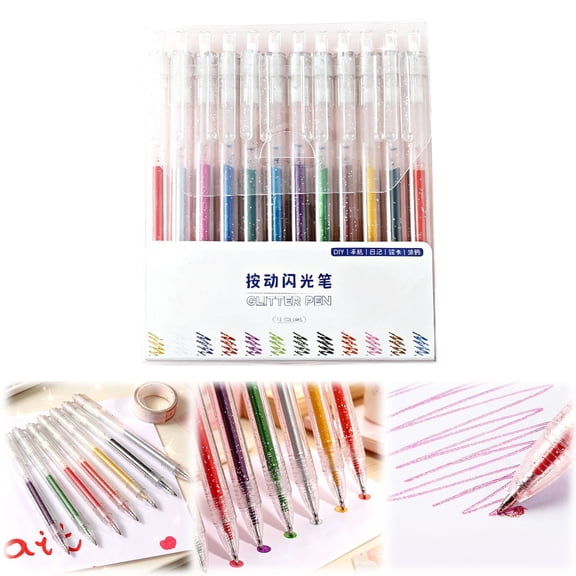 NANDIYNZHI 12Pcs Glitter Gel Pens, 1.0mm Fine Tip Large Capacity Colored Drawing Pens 12 Colors, Sparkly Metallic Shimmer Paint Pen for Coloring DIY Craft Making Dooding Scrapbooking, Art Supplies