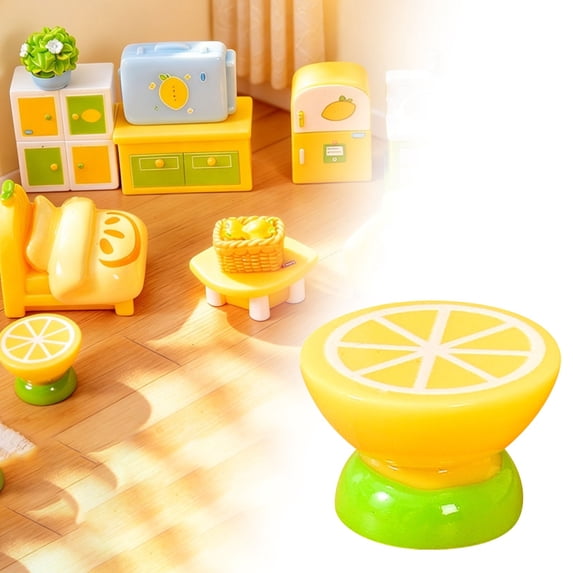 NANDIYNZHI 1Pc Dollhouse Furniture, Mini Lemon Themed Miniature Furniture Display, Realistic Bedroom And Living Room Scene Accessories, Resin Dollhouse Miniature Decorations, Half Lemon Table