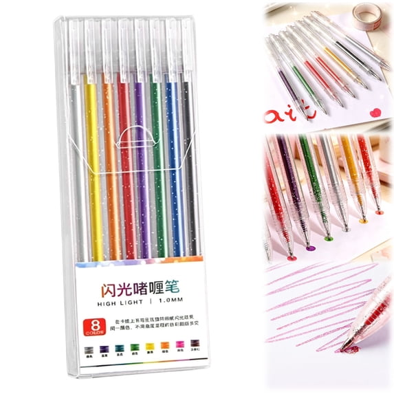 NANDIYNZHI 8Pcs Glitter Gel Pens, 1.0mm Fine Tip Large Capacity Colored Drawing Pens 8 Colors, Sparkly Metallic Shimmer Paint Pen for Coloring DIY Craft Making Dooding Scrapbooking, Art Supplies