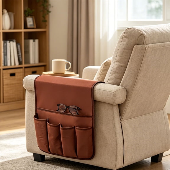 NANDIYNZHI Armchair caddy,Brown Practical Armchair Caddy with 4 Pocket for Couch Remote Control Holder Couch Caddy Recliner Armrest Organizer,Remote Control Holder,Chair Pockets,Bedside Caddy